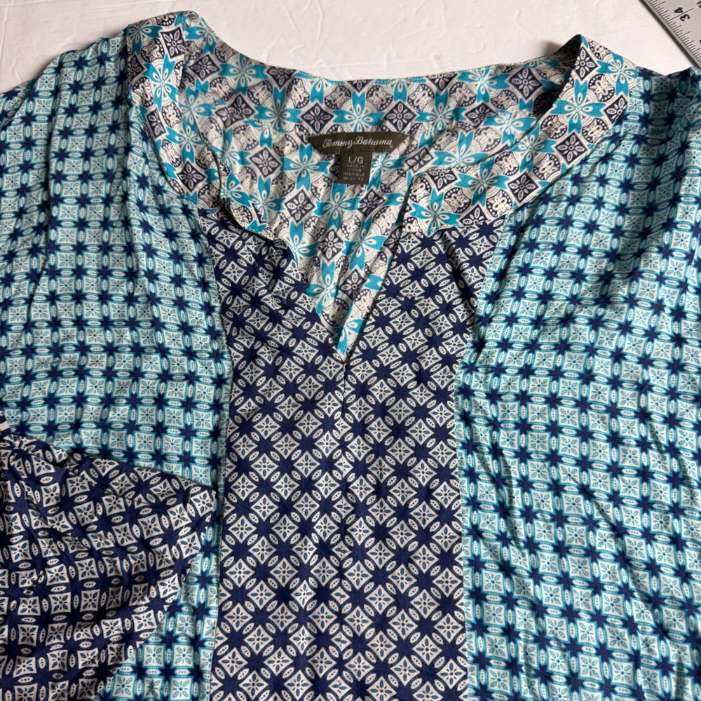 Tommy Bahama Womens Blue‎ White Geometric Patchwork Rayon V-Neck Tunic Top Large